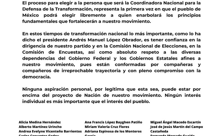 Diputadas y diputados de Morena llaman a la "unidad" y a confiar en la dirigencia del partido